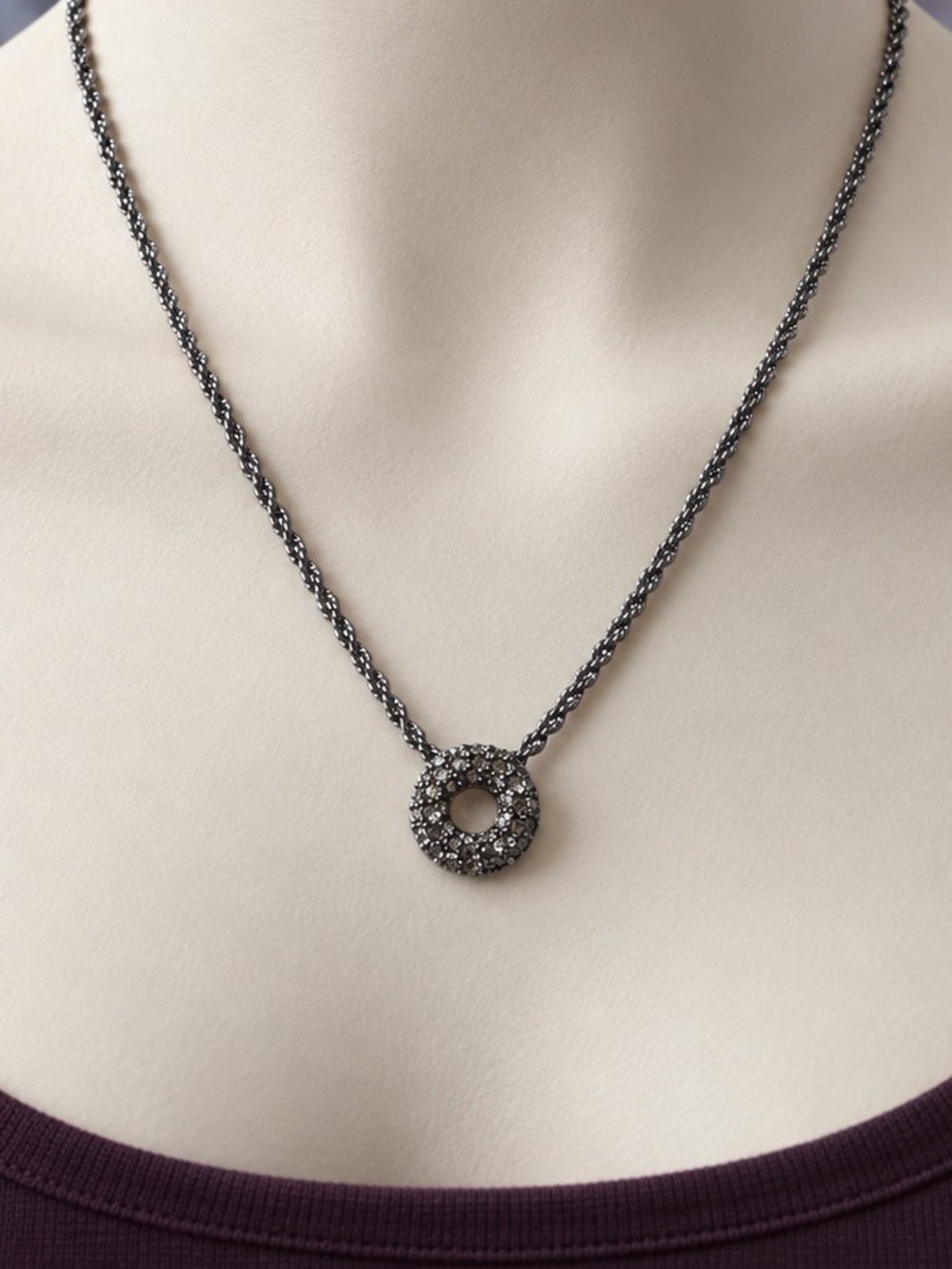 Swarovski Swan Signed Black Pavé Crystal Gunmetal Circle Pendant Necklace